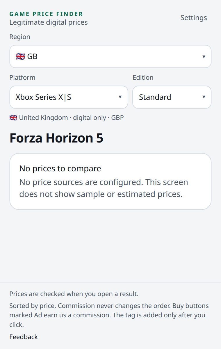 Game Price Finder on a UK store page, with the game name filled in and the country set to the United Kingdom.