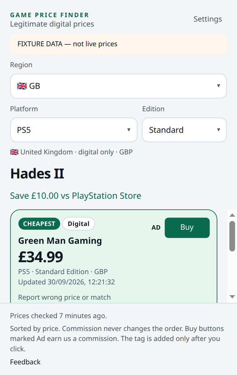 Sample popup layout with made-up prices, labelled on the picture as not live prices.